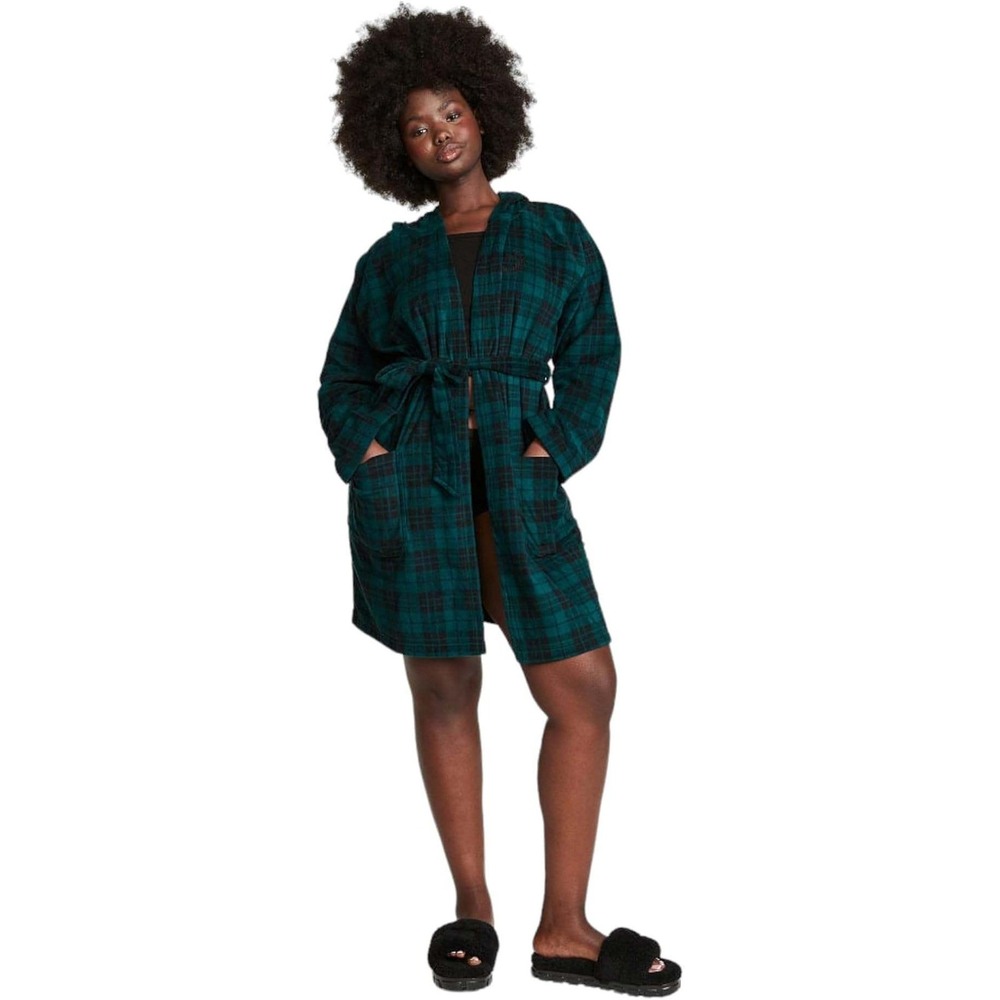 Victoria's Secret Pink Robe Womens S/M Green Plaid Hooded Fleece Short